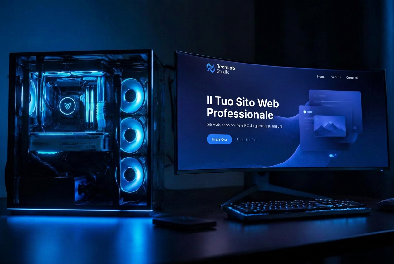 Postazione con PC da gaming e sito web in costruzione